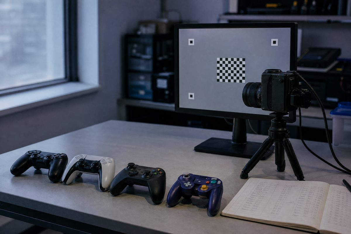 A testing desk with four controllers in a row, a camera on a tripod aimed at a monitor, and a notebook of handwritten figures
