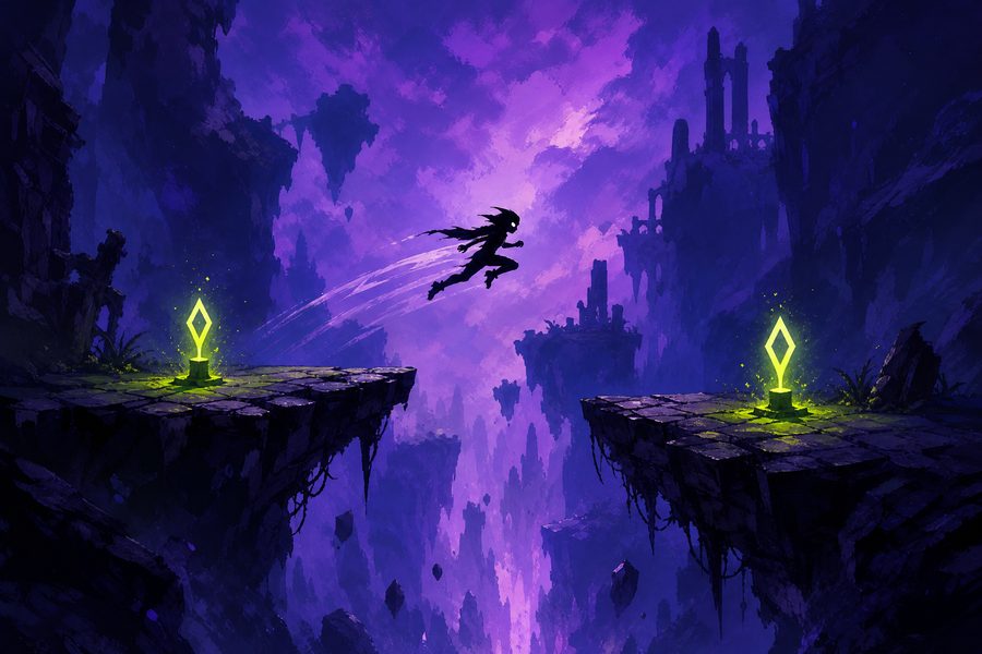 A small silhouetted figure leaping between floating stone platforms above a violet chasm with glowing markers