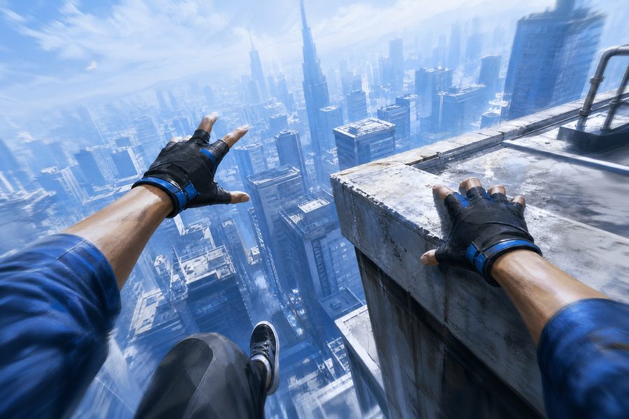 A first-person view of gloved hands reaching for a concrete rooftop ledge above a hazy blue city