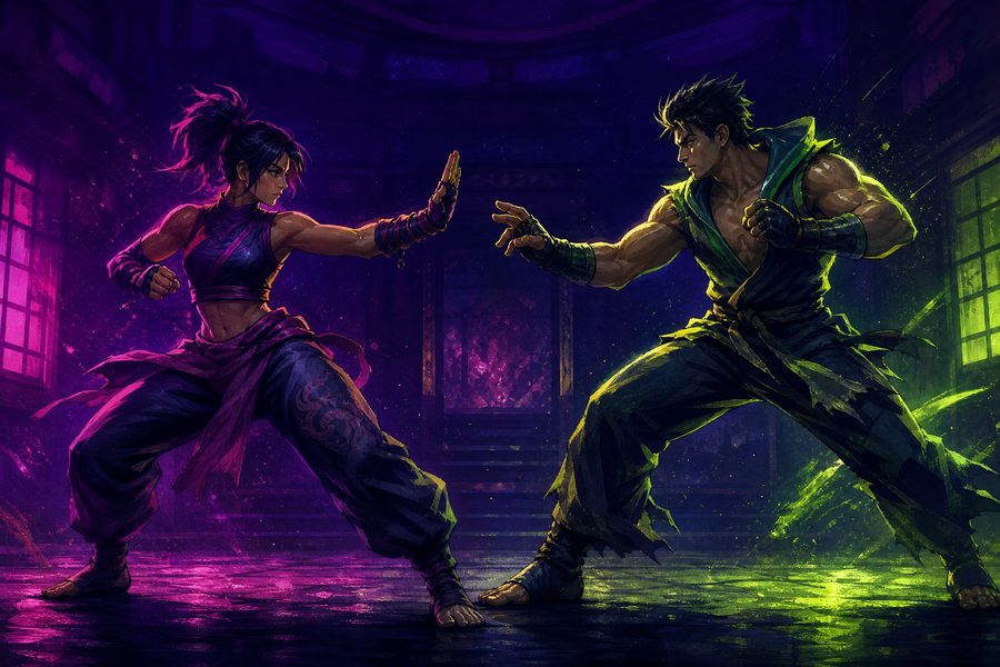 Two stylised fighters facing each other in an empty neon-lit dojo, frozen before contact