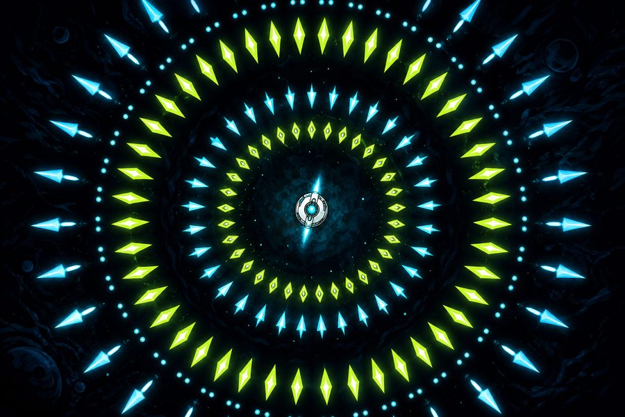 A top-down view of a small ship surrounded by concentric rings of glowing projectiles