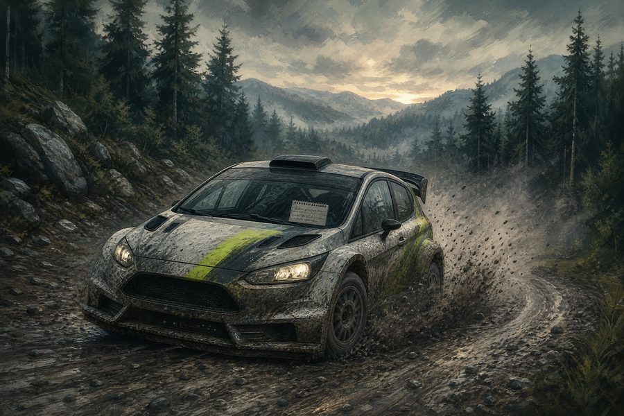 A mud-spattered rally car sliding through a gravel corner in a pine forest at dawn