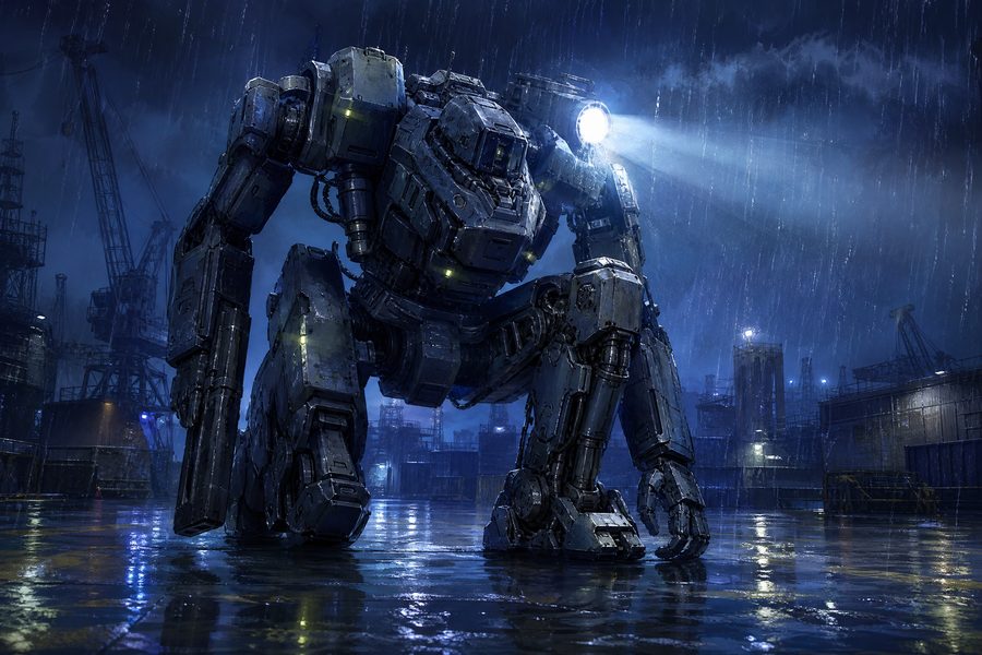 A bulky humanoid mech kneeling in a rain-soaked industrial yard at night